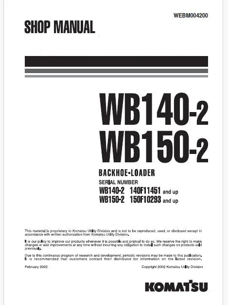 Komatsu WB140-2 Backhoe Loader Pdf Repair Service Manual Sn 140F11451 and UP