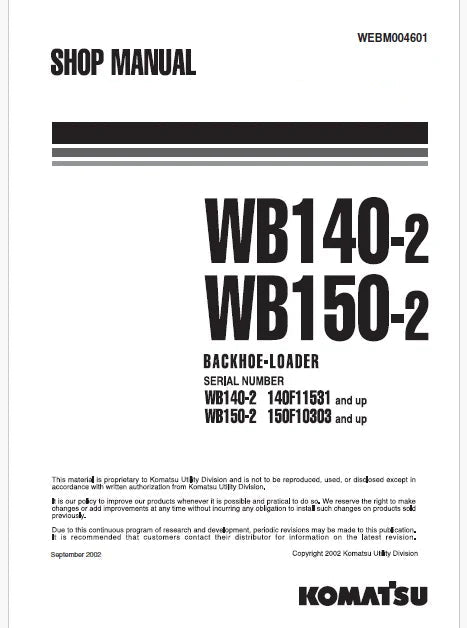 Komatsu WB140-2 Backhoe Loader Pdf Repair Service Manual Sn 140F11531 and UP