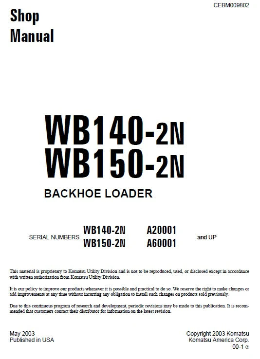 Komatsu WB140-2N and WB150-2N Backhoe Loader Workshop Service Repair Manual