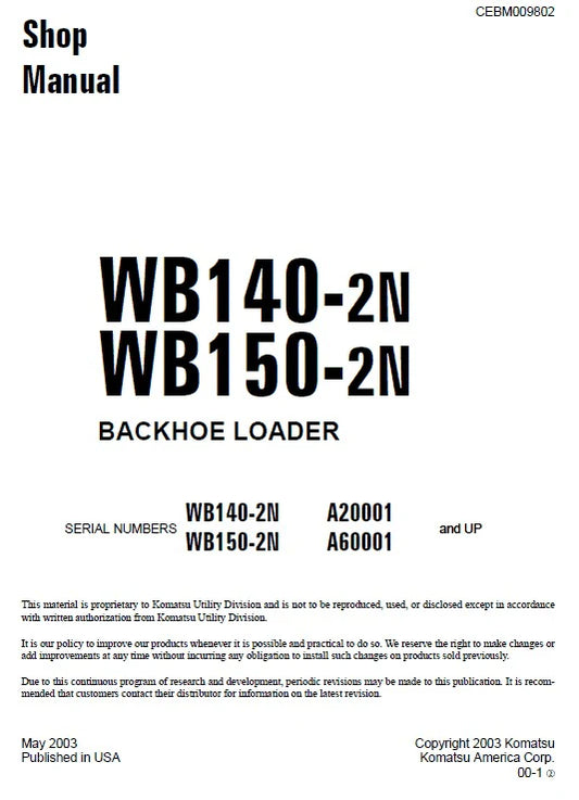 Komatsu WB140-2N and WB150-2N Backhoe Loader Workshop Service Repair Manual