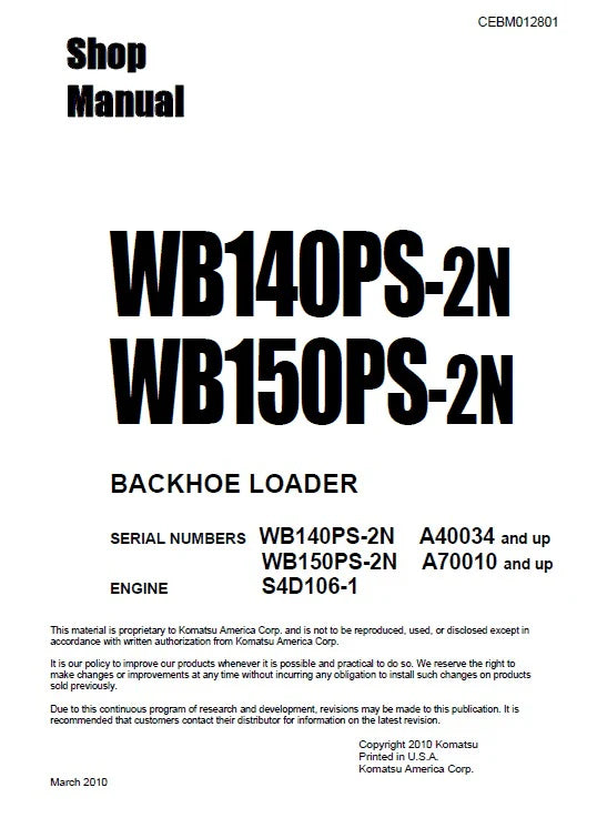 Komatsu WB140PS-2N, WB150PS-2N Backhoe Loader Pdf Shop Repair Service Manual (Sn A40034 And Up, Sn A70010 And Up)