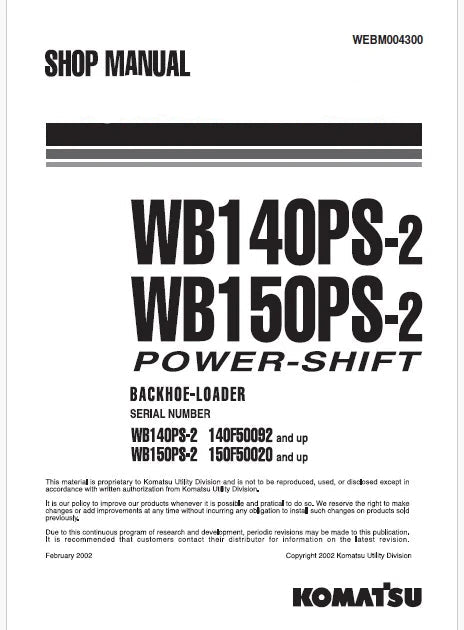 Komatsu WB140PS-2 Power Shift Backhoe Loader Pdf Repair Service Manual Sn 140F50092 and UP