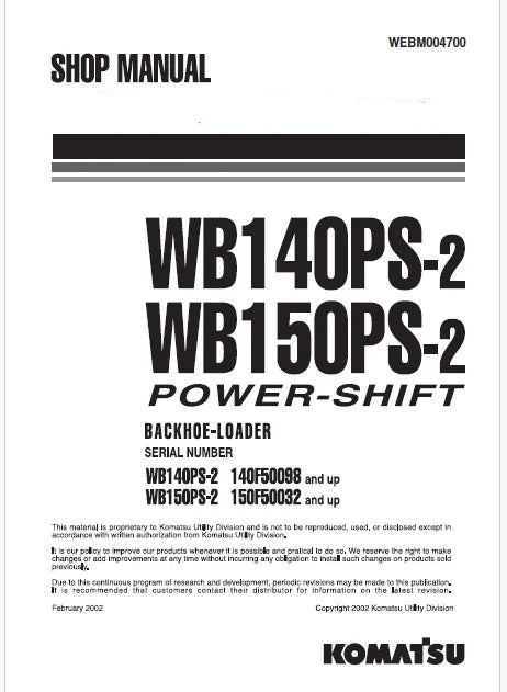Komatsu WB140PS-2 Power Shift Backhoe Loader Pdf Repair Service Manual Sn 140F50098 and UP
Regular price
