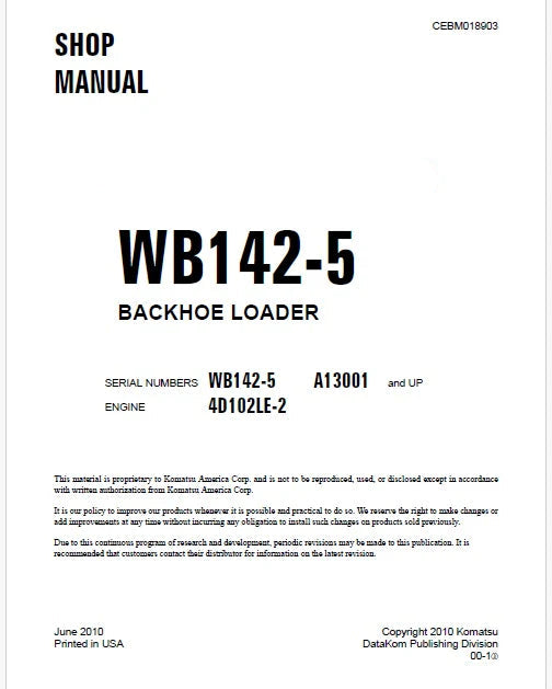 Komatsu WB142-5 Backhoe Loader Pdf Repair Service Manual Sn A13001 and UP