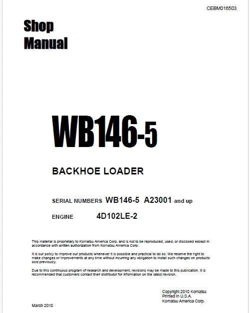 Komatsu WB146-5 Backhoe Loader Pdf Repair Service Manual Sn A23001 and UP