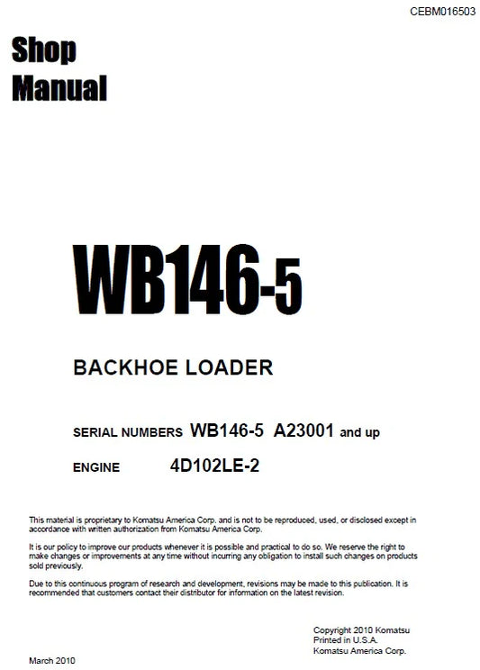 Komatsu WB146-5 Backhoe Loader Pdf Shop Repair Service Manual Sn A23001 And UP