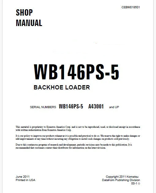 Komatsu WB146PS-5 Backhoe Loader Pdf Repair Service Manual Sn A43001 and UP