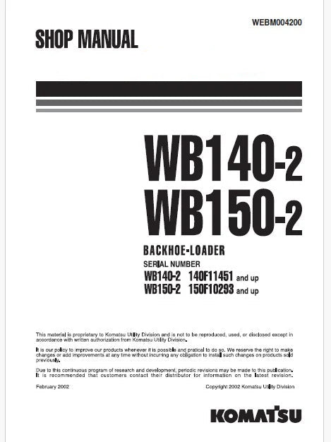Komatsu WB150-2 Backhoe Loader Pdf Repair Service Manual Sn 150F10293 and UP