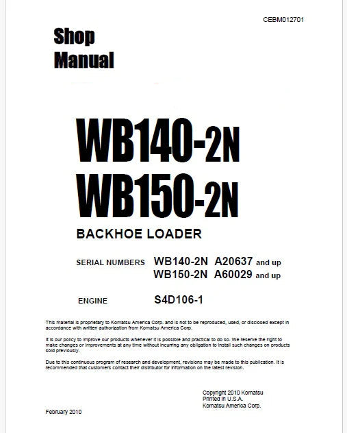 Komatsu WB150-2N Backhoe Loader Pdf Repair Service Manual Sn A60029 and UP