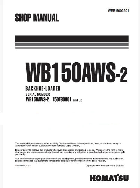 Komatsu WB150AWS-2 Backhoe Loader Pdf Repair Service Manual Sn 150F80001 and UP