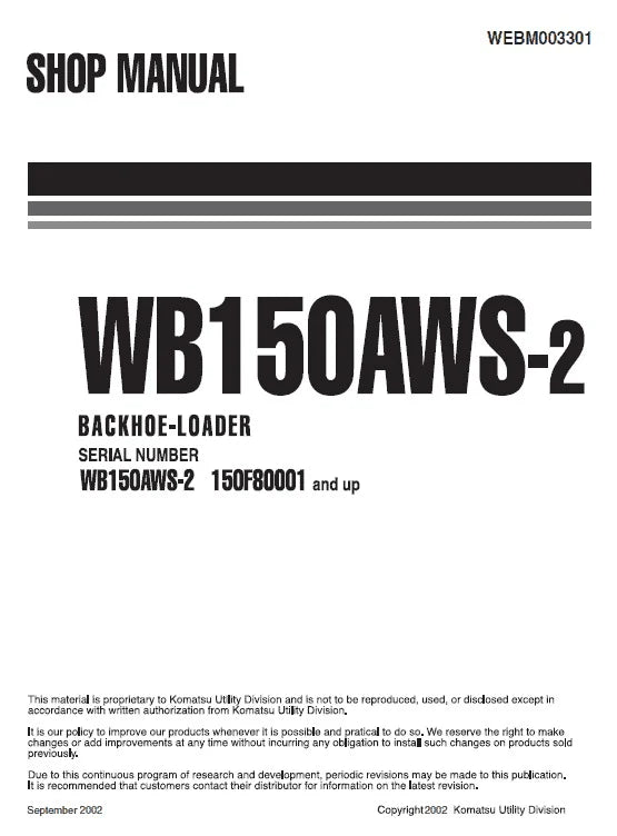 Komatsu WB150AWS-2 Backhoe Loader Pdf Shop Repair Service Manual Sn 150f80001 And UP