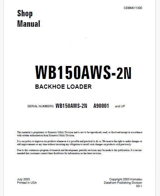 Komatsu WB150AWS-2N Backhoe Loader Pdf Repair Service Manual Sn A90001 and UP