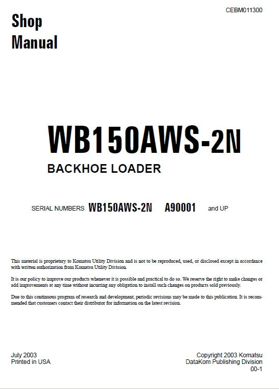 Komatsu WB150AWS-2N Backhoe Loader Pdf Shop Repair Service Manual Sn A90001 And UP
