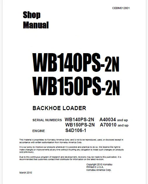 Komatsu WB150PS-2N Backhoe Loader Pdf Repair Service Manual Sn A70010 and UP