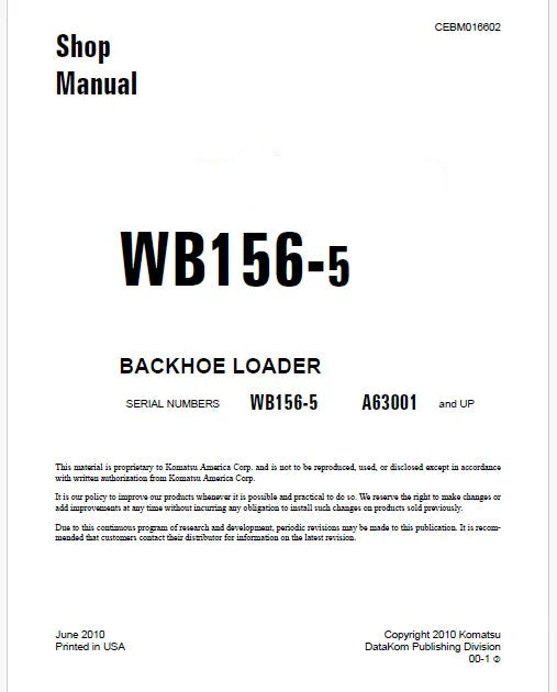 Komatsu WB156-5 Backhoe Loader Pdf Repair Service Manual Sn A63001 and UP