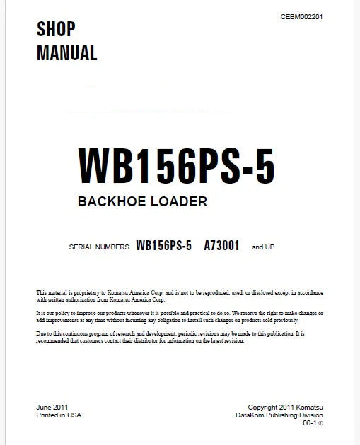 Komatsu WB156PS-5 Backhoe Loader Pdf Repair Service Manual Sn A73001 and UP
