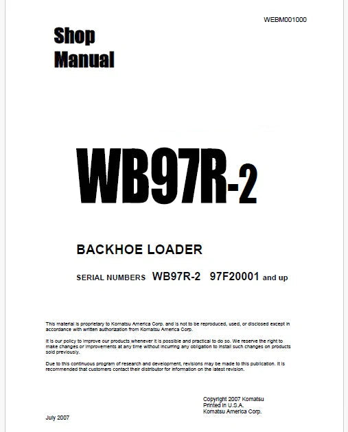 Komatsu WB97R-2 Backhoe Loader Pdf Repair Service Manual Sn 97F20001 and UP