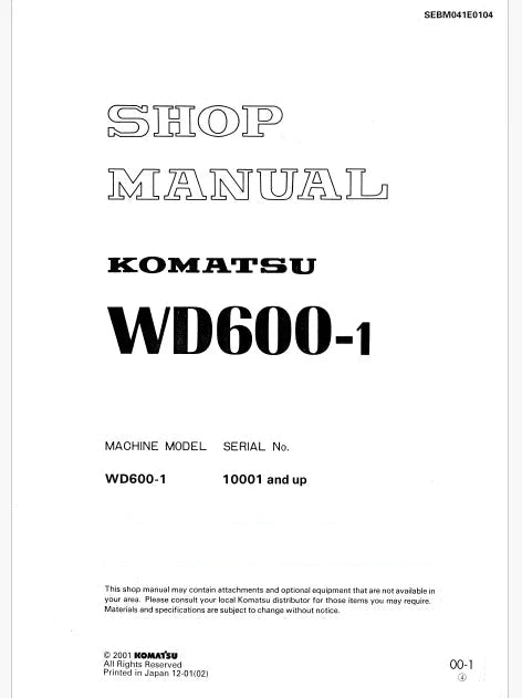 Komatsu WD600-1 Wheel Dozer Pdf Repair Service Manual Sn 10001 and UP