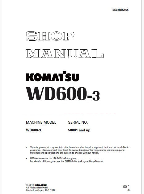 Komatsu WD600-3 Wheel Dozer Pdf Repair Service Manual Sn 50001 and UP
