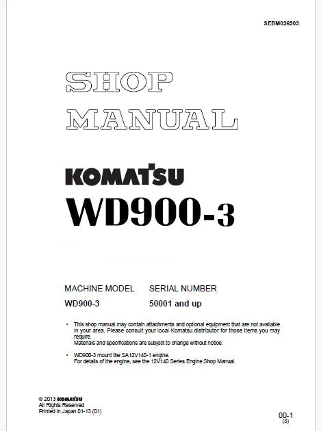Komatsu WD900-3 Wheel Dozer Pdf Repair Service Manual Sn 50001 and UP