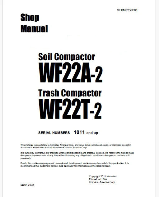 Komatsu WF22T-2 Trash Compactor Pdf Repair Service Manual Sn 1011 and UP