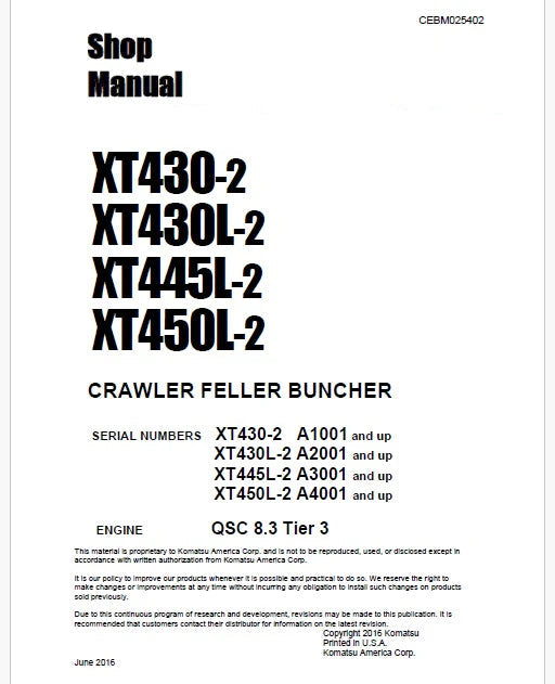 Komatsu XT430-2 Crawler Feller Bunchers/Harvesters Pdf Repair Service Manual Sn A1001 and UP