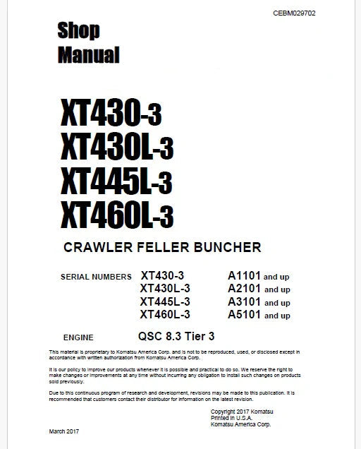 Komatsu XT430-3 Crawler Feller Bunchers/Harvester Pdf Repair Service Manual Sn A1101 and UP