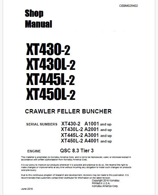 Komatsu XT430L-2 Crawler Feller Bunchers/Harvester Pdf Repair Service Manual Sn A2001 and UP
