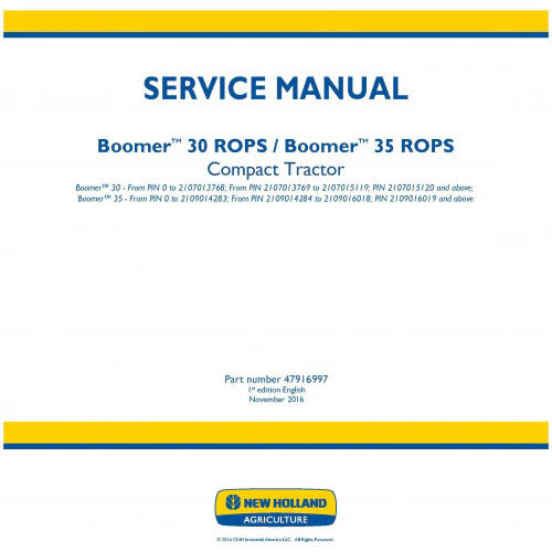 New Holland Boomer 30 Rops, Boomer 35 Rops Compact Tractor Pdf Repair Service Manual Eu (p. Nb. 47916997)