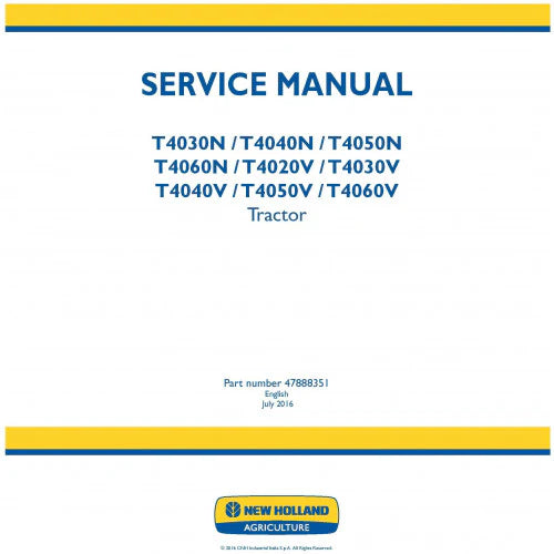 New Holland T4030N, T4040N, T4050N, T4060N, T4020V, T4030V, T4040V, T4050V, T4060V Tractor Pdf Repair Service Manual (p. Nb. 47888351)