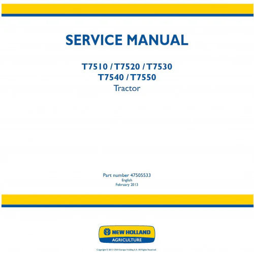 New Holland T7510, T7520, T7530, T7540, T7550 Tractor Pdf Repair Service Manua