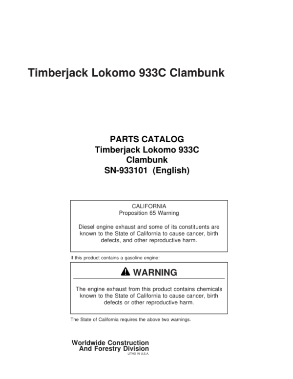 Timberjack Lokomo 933, 933C Clambunk (SN 933101 – 933122) Parts Catalog Manual – PC933101