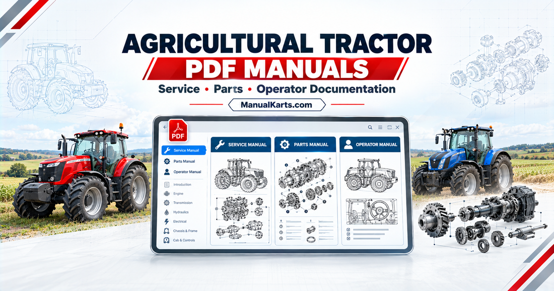 Agricultural tractor PDF manual interface featuring service, parts, and operator documentation with supporting tractor technical illustrations.