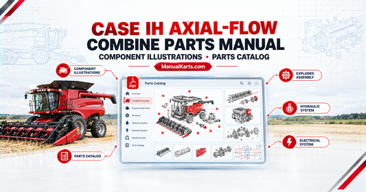 CASE IH Axial-Flow combine harvester beside a digital PDF parts manual featuring component illustrations, exploded assembly diagrams, and parts catalog references.