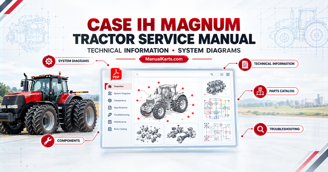 CASE IH Magnum red tractor beside a digital PDF service manual interface featuring technical documentation and system diagram illustrations.