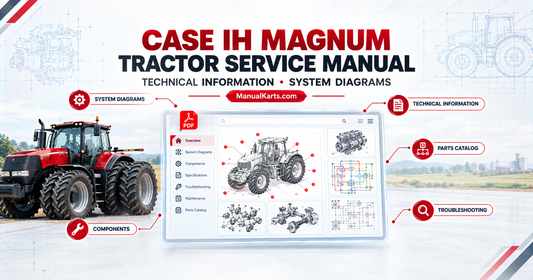 CASE IH Magnum red tractor beside a digital PDF service manual interface featuring technical documentation and system diagram illustrations.