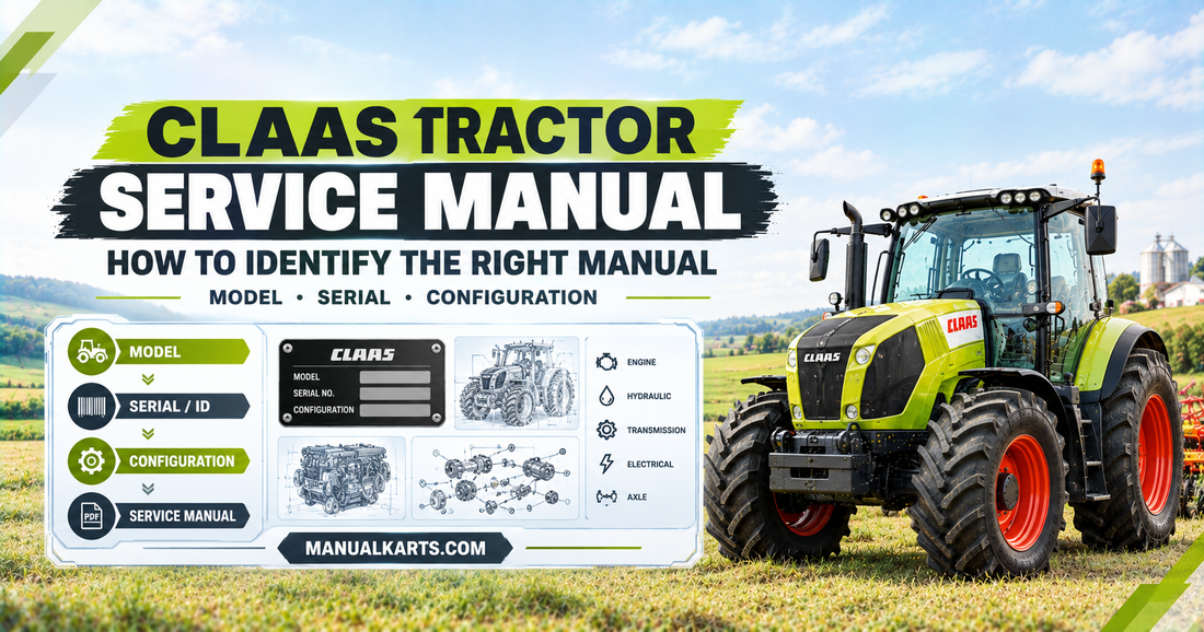 CLAAS tractor with a digital service manual identification interface showing model, serial number, and configuration.