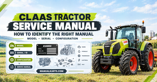 CLAAS tractor with a digital service manual identification interface showing model, serial number, and configuration.