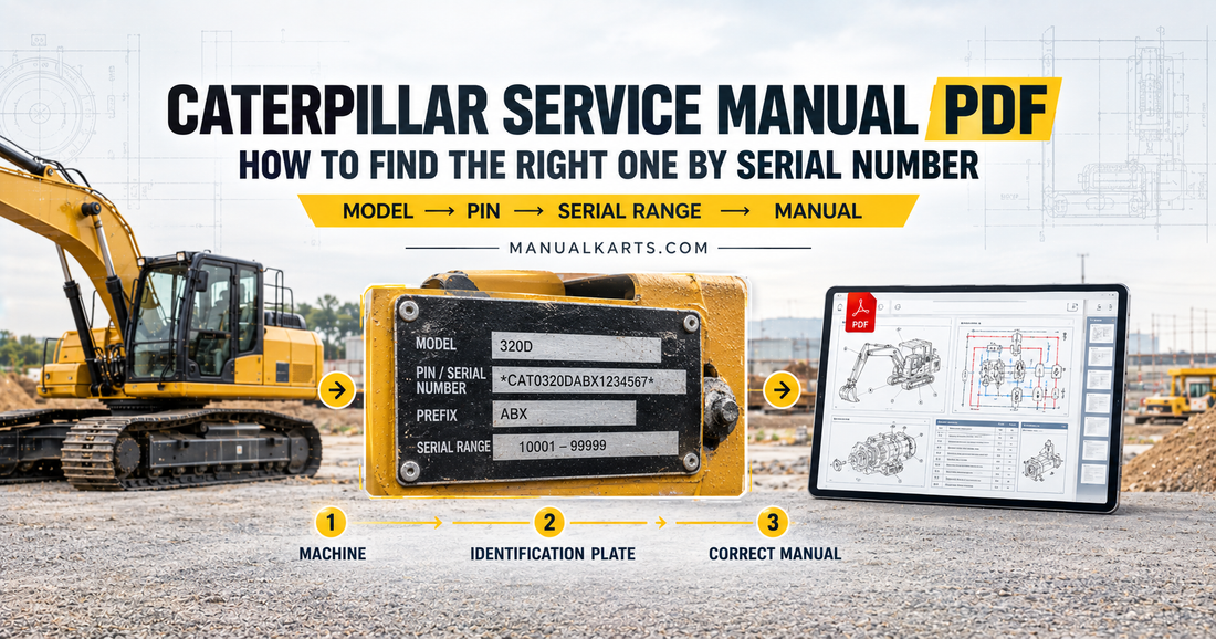 Caterpillar service manual PDF guide showing machine serial number identification, PIN, serial range, and digital technical manual reference.