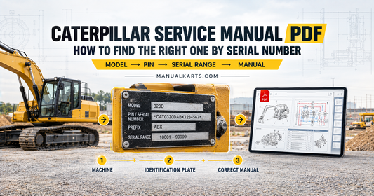 Caterpillar service manual PDF guide showing machine serial number identification, PIN, serial range, and digital technical manual reference.