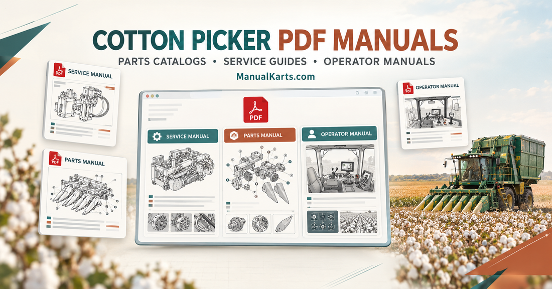 Cotton picker PDF manuals featuring service documentation, picking-unit parts diagrams, and operator guides for cotton harvesting equipment.