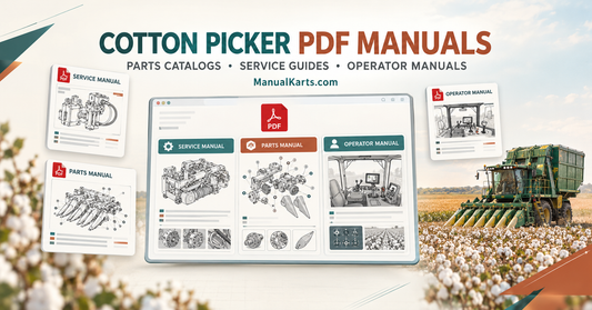 Cotton picker PDF manuals featuring service documentation, picking-unit parts diagrams, and operator guides for cotton harvesting equipment.