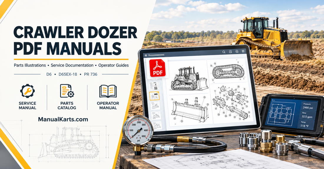 Crawler dozer PDF manuals featuring a digital service manual, parts catalog, operator guide, and crawler dozer component illustrations.