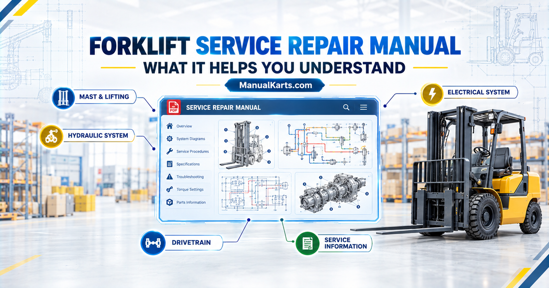 Digital forklift service repair manual showing mast, hydraulic, electrical, drivetrain, and service information.