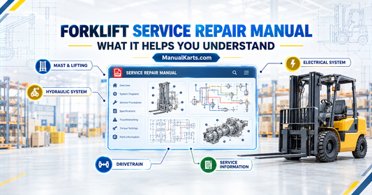 Digital forklift service repair manual showing mast, hydraulic, electrical, drivetrain, and service information.