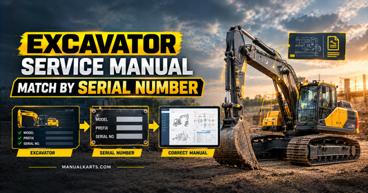 Excavator service manual identification guide showing serial number, model, prefix and correct manual matching.