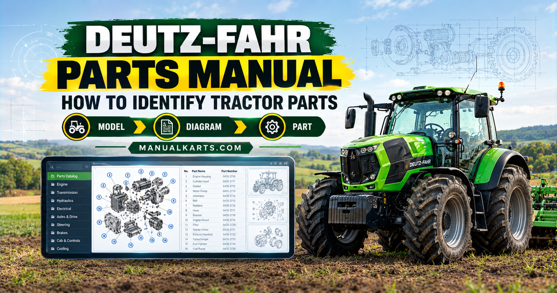 Deutz-Fahr tractor with digital parts manual diagram showing component identification for tractor repairs.