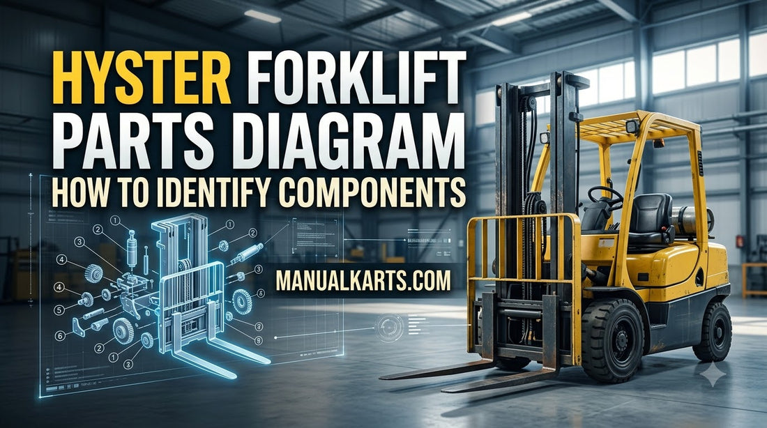 Hyster forklift with digital parts diagram showing component identification for mast and hydraulic assemblies.