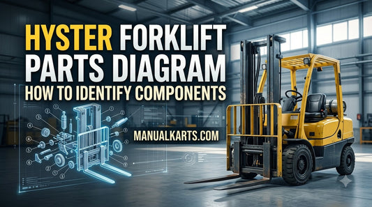 Hyster forklift with digital parts diagram showing component identification for mast and hydraulic assemblies.