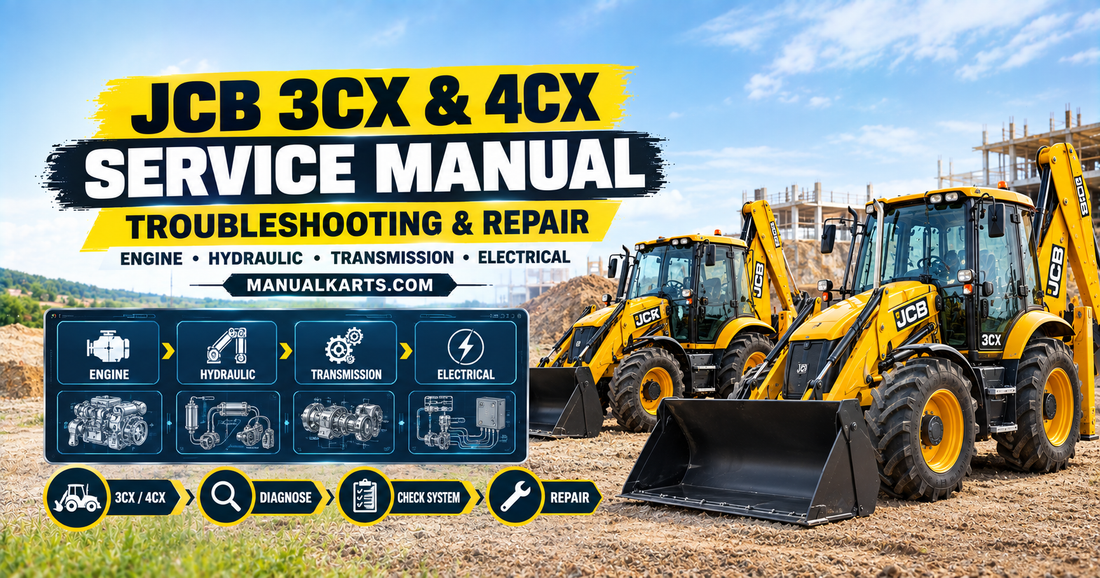 JCB 3CX and 4CX backhoe loaders with digital service troubleshooting interface for engine, hydraulic, transmission, and electrical systems.